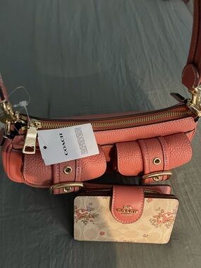COACH Coral coral Ashton Pebbled Leather Shoulder Bag with Floral Zip Wallet
